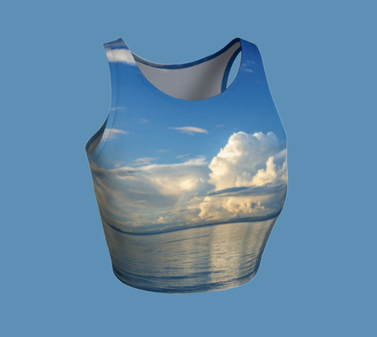 Qualicum Beach Active Crop Top. The image is of the stunning landscape that is Qualicum Beach on Vancouver Island.