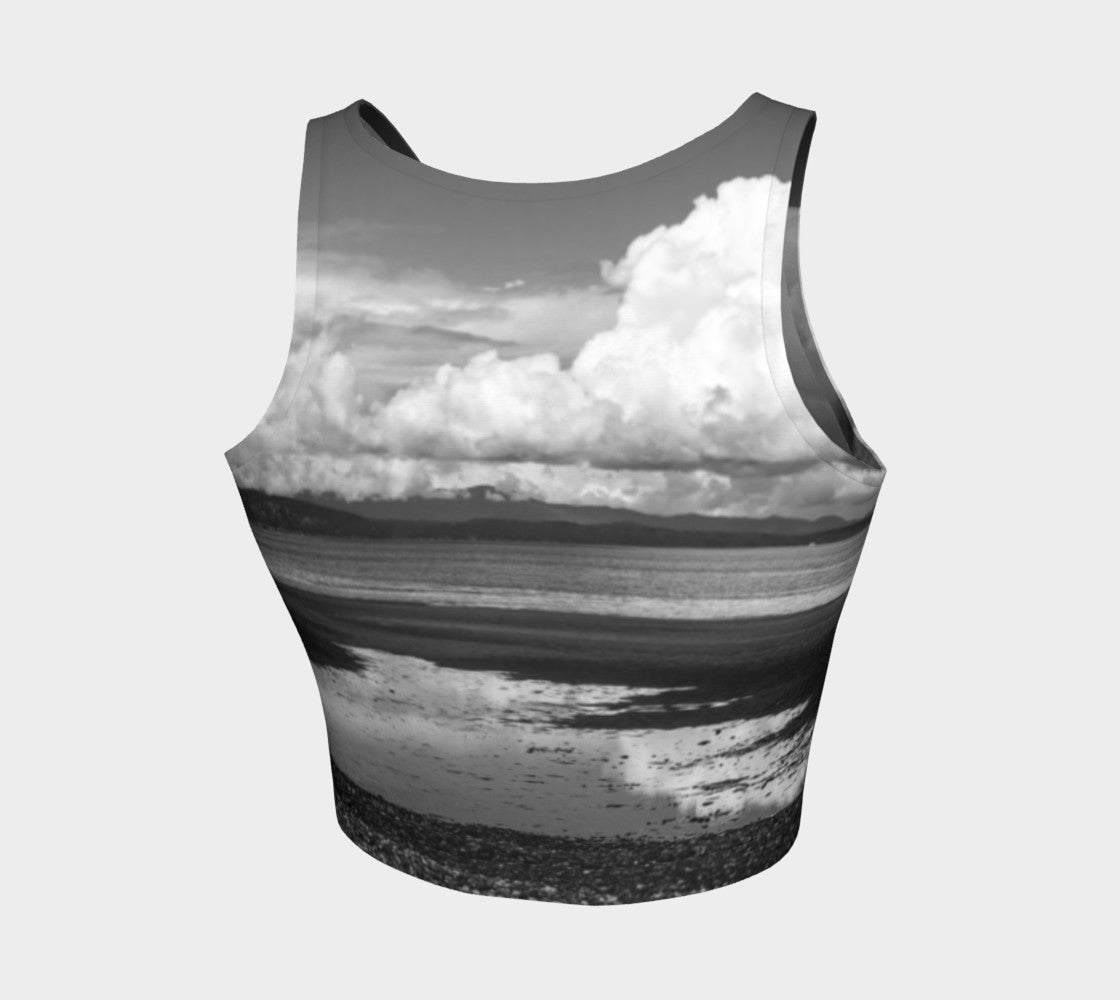 Parksville Beach II Athletic Crop Top  Parksville Beach II artwork by Roxy Hurtubise   Made to move with you!  Wear for your daily workouts, yoga, beach volleyball or as a bathing suit top!  Your Van Isle Goddess athletic crop top pairs up with our yoga or classic leggings and capris. Crop tops also look great with shorts, mini shorts, skirts fitted or flared.