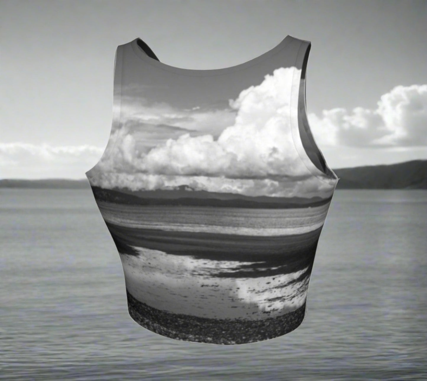 Parksville Beach Active Crop Top  Image is a photograph of Parksville Beach at low tide.