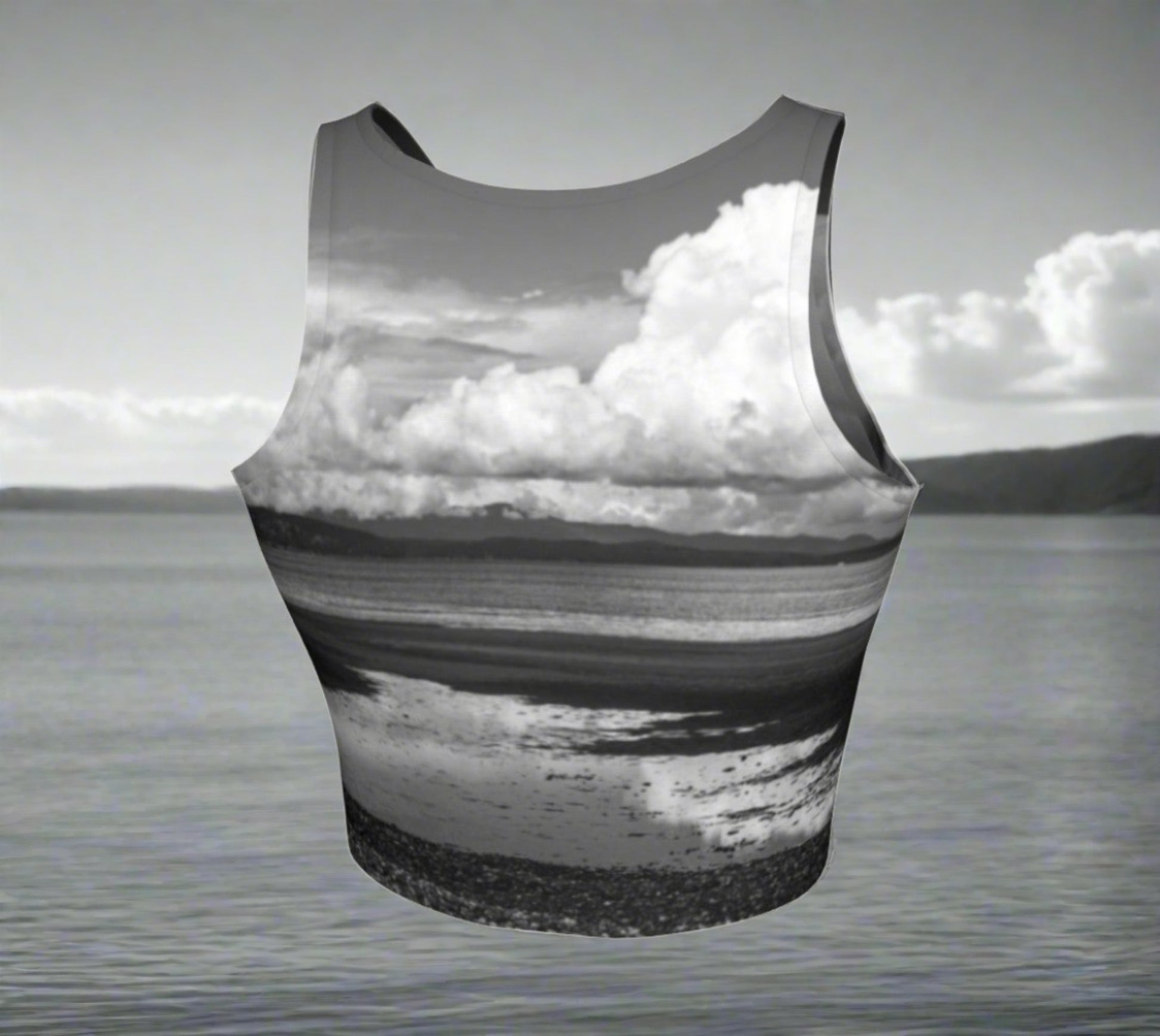 Parksville Beach Active Crop Top  Image is a photograph of Parksville Beach at low tide.