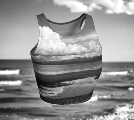 Parksville Beach Active Crop Top  Image is a photograph of Parksville Beach at low tide.