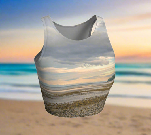 Miracle Beach Athletic Crop Top  features a image of Miracle Beach on Vancouver Island.