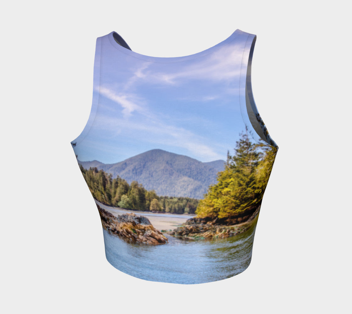 Tofino Inlet Athletic Crop Top  Tofino Inlet artwork by Roxy Hurtubise  Made to move with you!  Wear for your daily workouts, yoga, beach volleyball or as a bathing suit top!  Your Van Isle Goddess athletic crop top pairs up with our yoga or classic leggings and capris. Crop tops also look great with shorts, mini shorts, skirts fitted or flared.