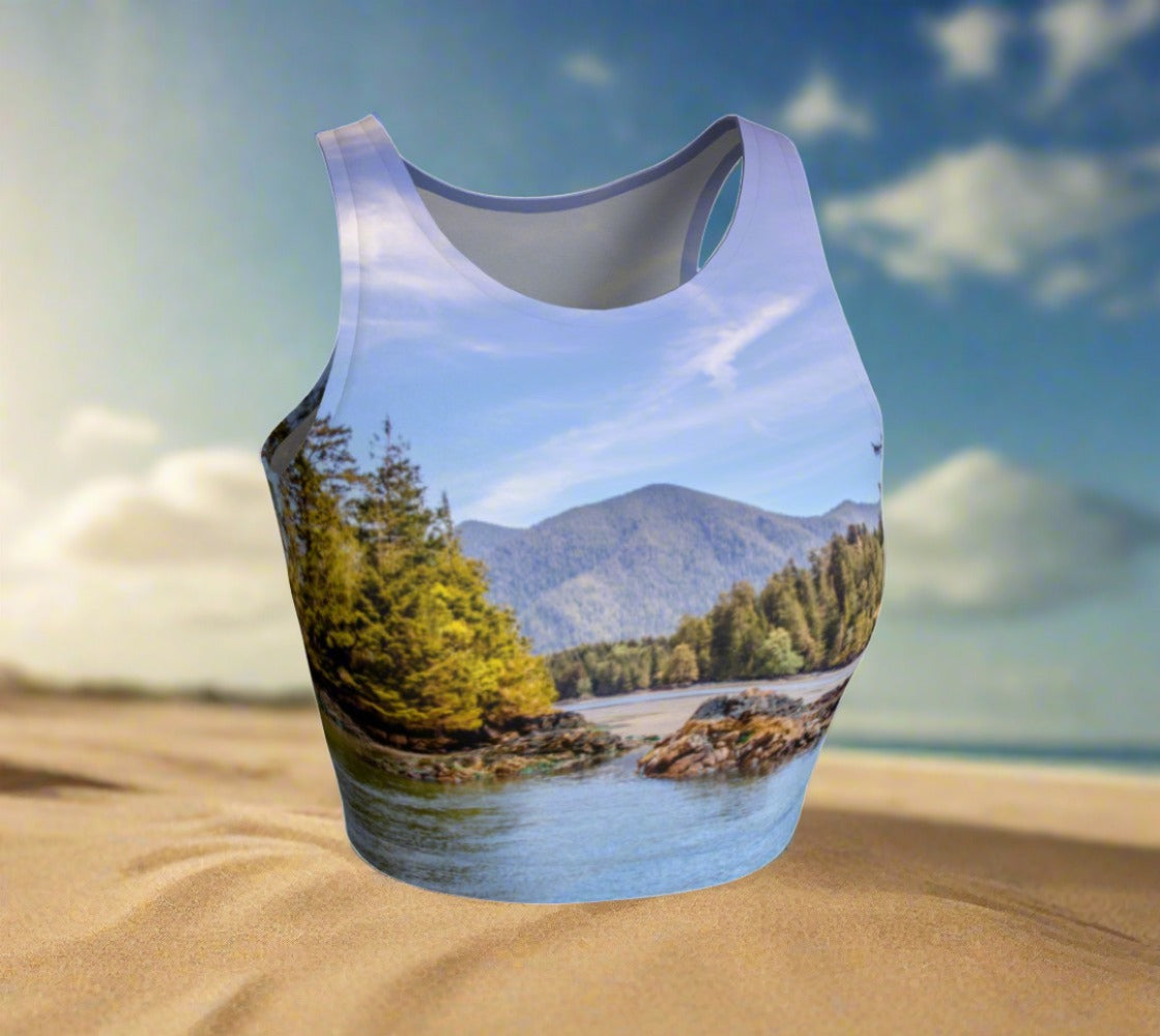 Tofino Inlet Active Crop Top  The image on the top is like taking a boat ride through the Tofino inlet.