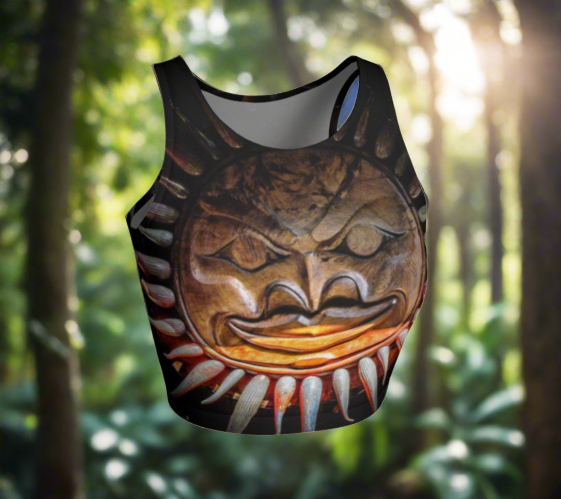 Sun Mask Active Crop Top  Sun mask carving photography is printed on the crop top.