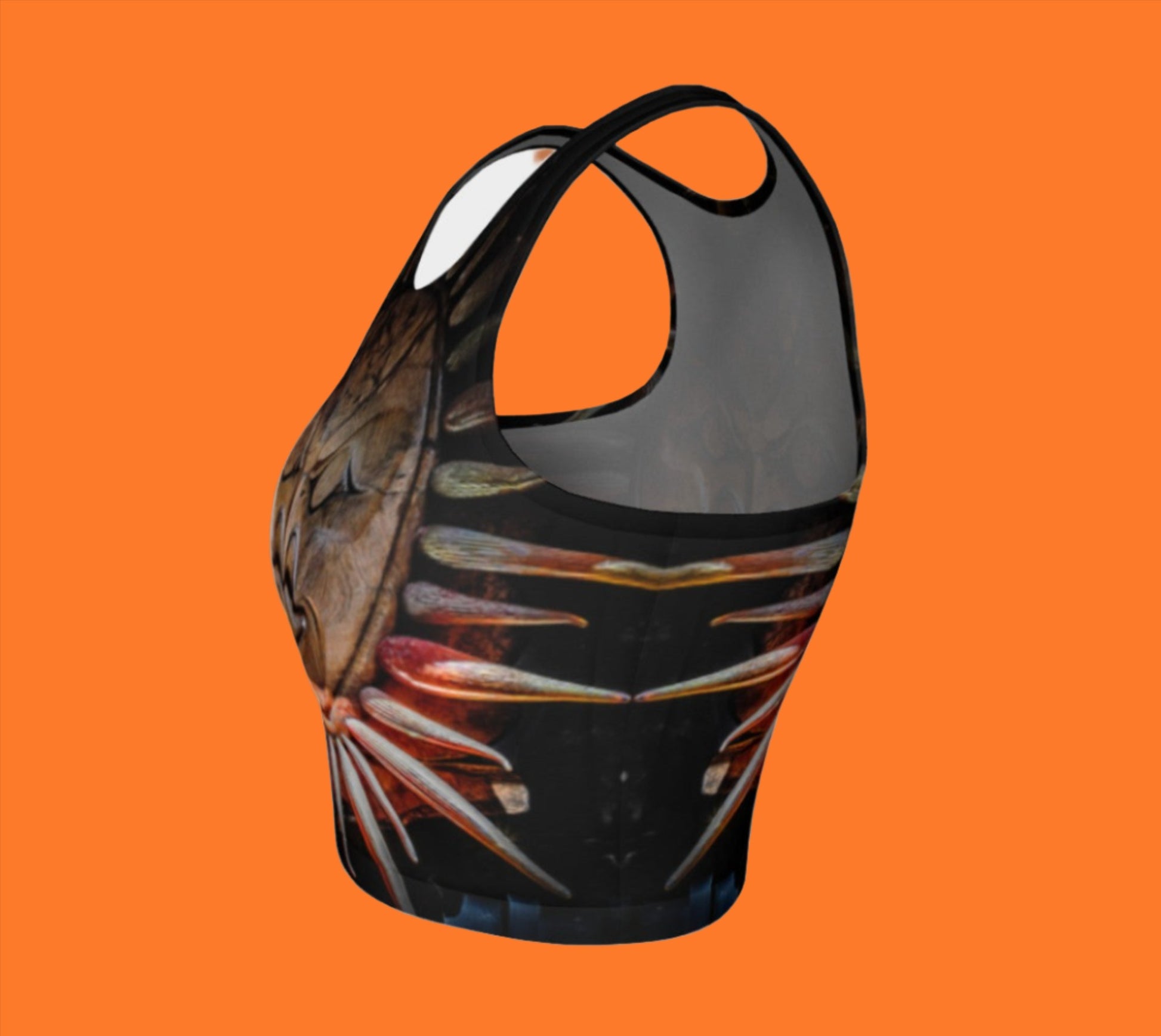 Sun Mask Active Crop Top  Sun mask carving photography is printed on the crop top.