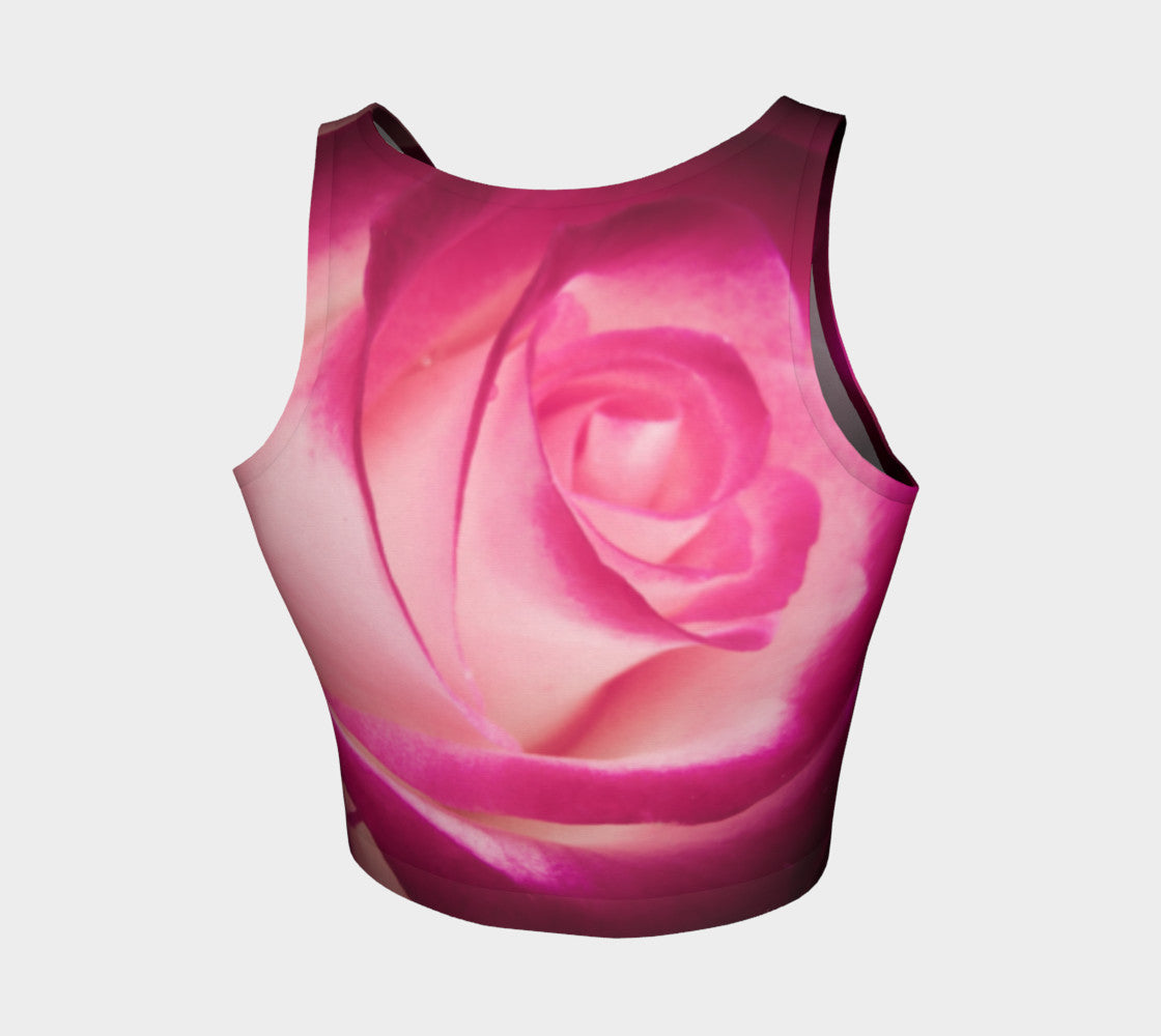Illuminated Rose Athletic Crop Top  Illuminated Rose artwork by Roxy Hurtubise   Made to move with you!  Wear for your daily workouts, yoga, beach volleyball or as a bathing suit top!  Your Van Isle Goddess athletic crop top pairs up with our yoga or classic leggings and capris. Crop tops also look great with shorts, mini shorts, skirts fitted or flared.