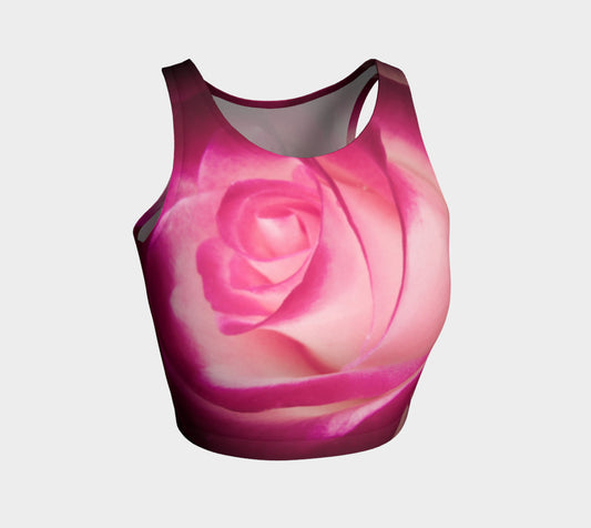 Illuminated Rose Athletic Crop Top  Illuminated Rose artwork by Roxy Hurtubise   Made to move with you!  Wear for your daily workouts, yoga, beach volleyball or as a bathing suit top!  Your Van Isle Goddess athletic crop top pairs up with our yoga or classic leggings and capris. Crop tops also look great with shorts, mini shorts, skirts fitted or flared.