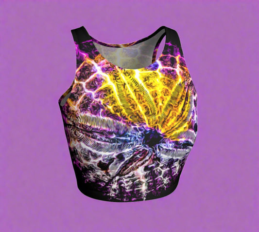 Spotlight Sand Dollar Active Crop Top. the image on the top is that of a sand dollar.