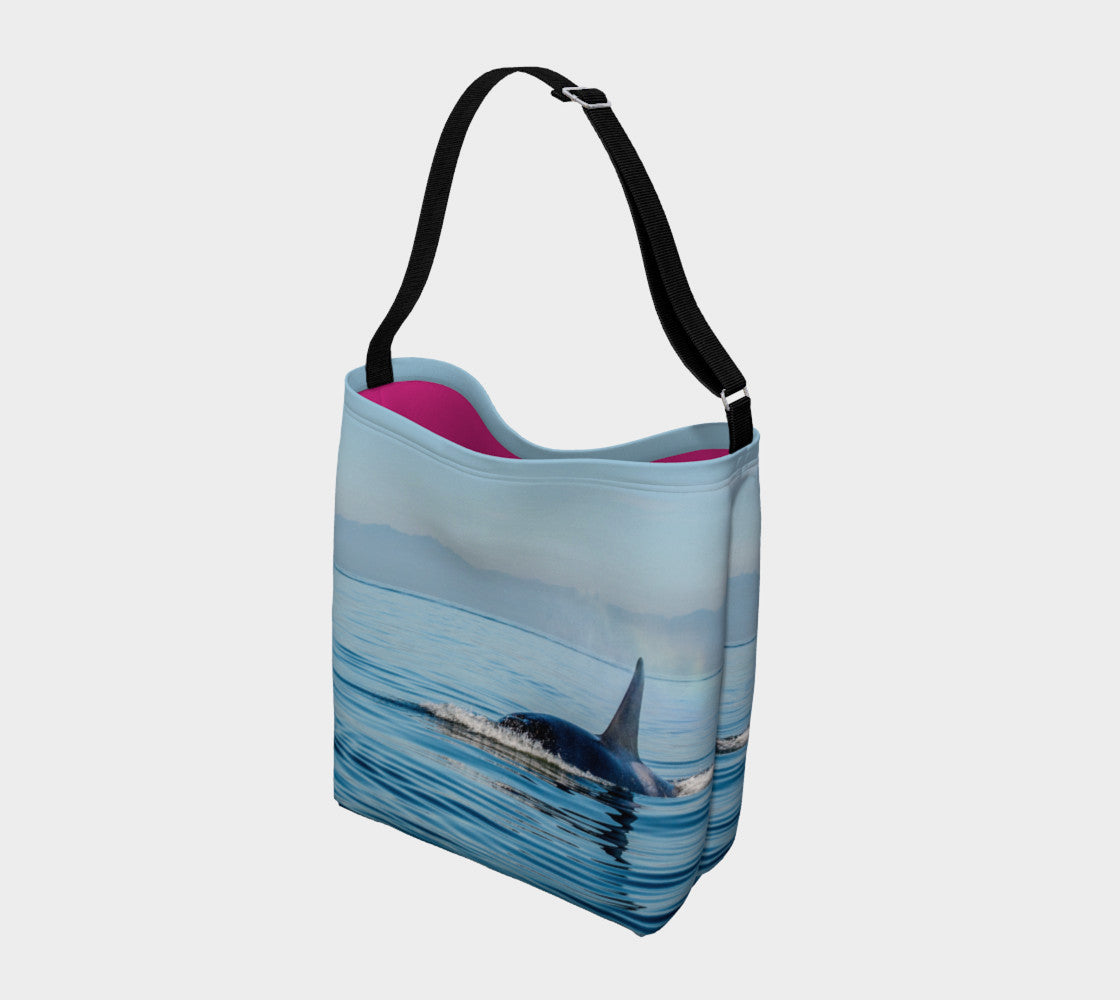 Orca Spray Day Tote  Everyday Day Tote for Everything!  Van Isle Goddess ultimate tote bag!   Adjustable strap for comfort, the tote is made from soft and supple neoprene that stretches to fit whatever you can put in it!    Vibrant artwork that will never fade with washing.  Orca Spray Artwork by  Roxy Hurtubise with solid bright pink color interior.