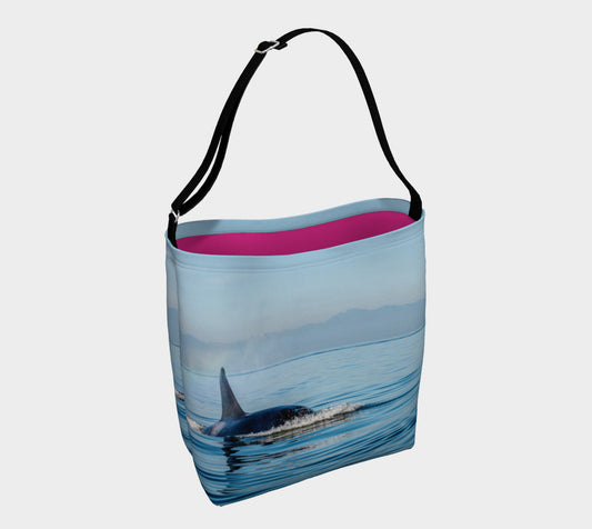 Orca Spray Day Tote  Everyday Day Tote for Everything!  Van Isle Goddess ultimate tote bag!   Adjustable strap for comfort, the tote is made from soft and supple neoprene that stretches to fit whatever you can put in it!    Vibrant artwork that will never fade with washing.  Orca Spray Artwork by  Roxy Hurtubise with solid bright pink color interior.