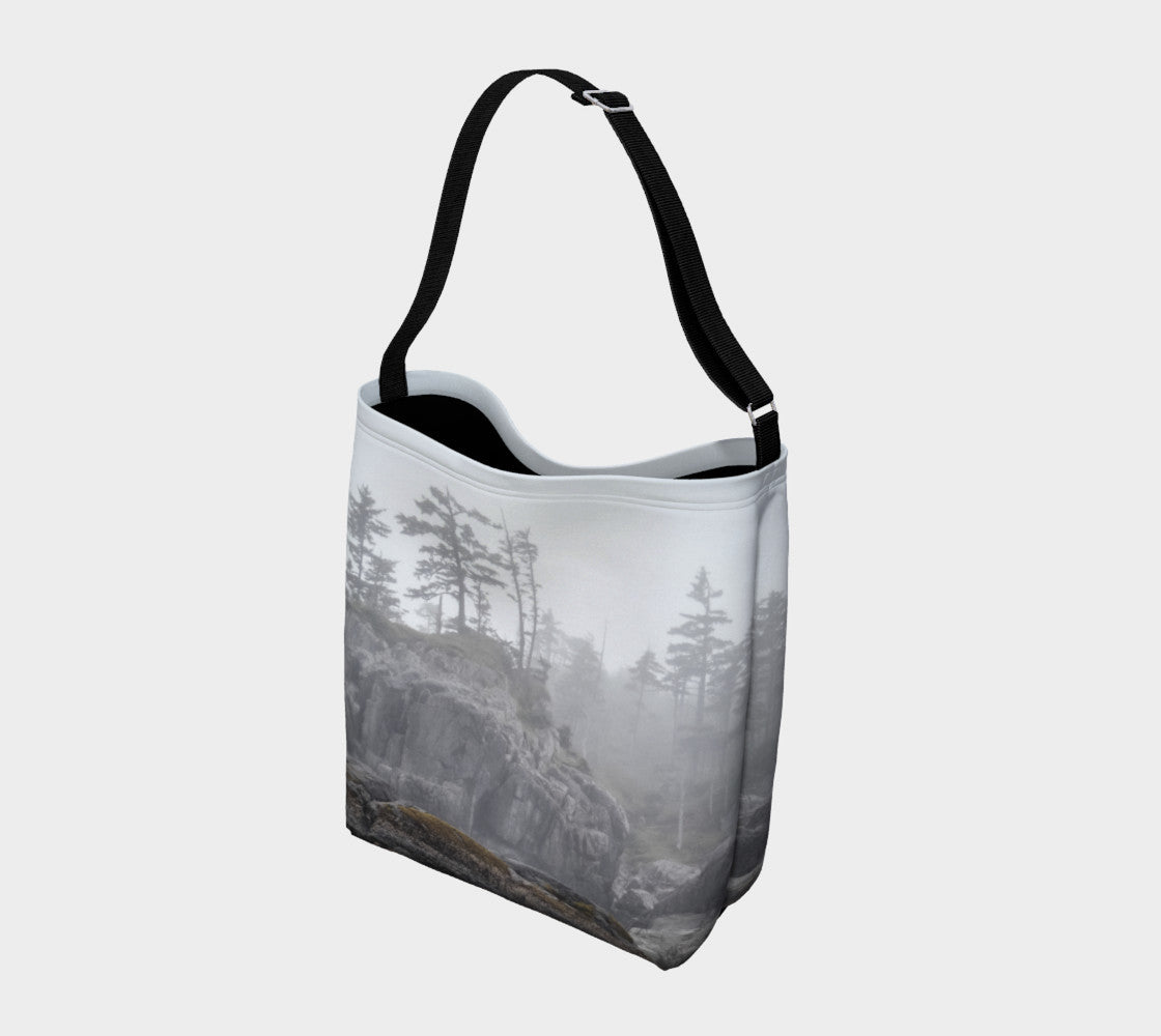 West Coast Ocean Fog Day Tote  Everyday Day Tote for Everything!  Van Isle Goddess ultimate tote bag!   Adjustable strap for comfort, the tote is made from soft and supple neoprene that stretches to fit whatever you can put in it!    Vibrant artwork that will never fade with washing.  West Coast Ocean Fog  Artwork by  Roxy Hurtubise with black and white interior.