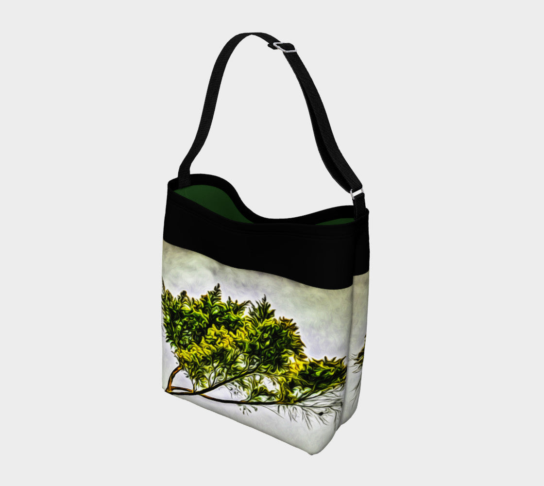 Landmark Day Tote  Everyday Day Tote for Everything!  Van Isle Goddess ultimate tote bag!   Adjustable strap for comfort, the tote is made from soft and supple neoprene that stretches to fit whatever you can put in it!    Vibrant artwork that will never fade with washing.  Landmark Artwork by  Roxy Hurtubise with solid dark green color interior.