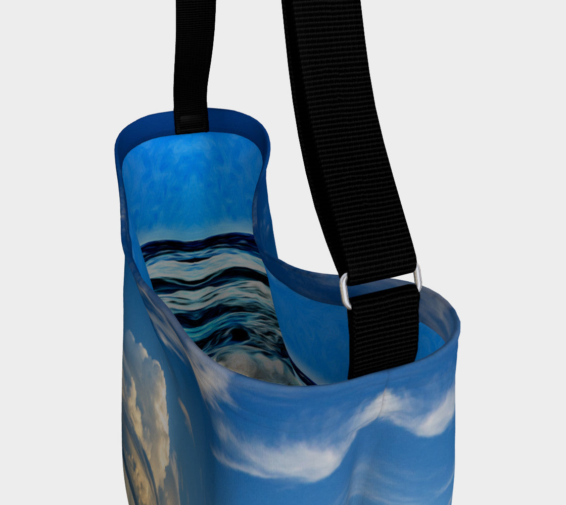 Everyday Day Tote for Everything!  Van Isle Goddess ultimate tote bag!   Adjustable strap for comfort, the tote is made from soft and supple neoprene that stretches to fit whatever you can put in it!    Vibrant artwork that will never fade with washing.  Qualicum Beach Artwork by  Roxy Hurtubise with ocean waves interior.