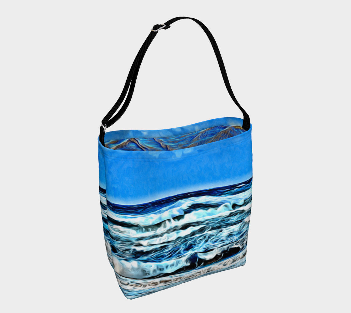 West Coast Waves Day Tote  Everyday Day Tote for Everything!  Van Isle Goddess ultimate tote bag!   Adjustable strap for comfort, the tote is made from soft and supple neoprene that stretches to fit whatever you can put in it!    Vibrant artwork that will never fade with washing.  West Coast Waves Artwork by  Roxy Hurtubise with low tide ripple interior.