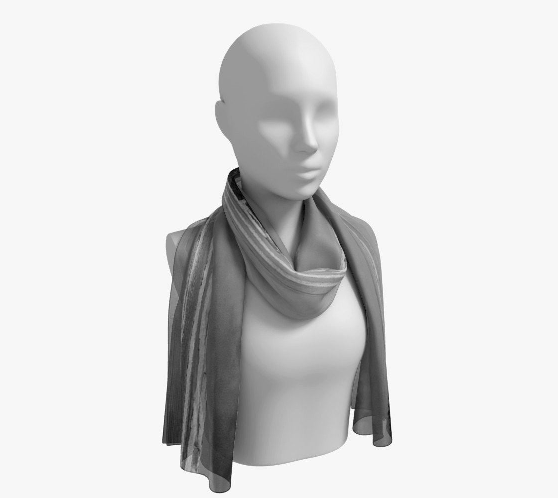 Long Beach Tofino Long Scarf  Wear as a scarf, shawl or as a head wrap.  Use for home decor as a wall hanging, also makes fabulous Wedding Party Gifts!    Artwork printed on 100% polyester lightweight fabric.    Choose from three different fabrics polychiffon, satin charmeuse and matte crepe.    Machined baby rolled edge hem finish.  Choose from 2 sizes:    10" x 45"    16" x 72" by Roxy Hurtubise Vanislegoddess.com