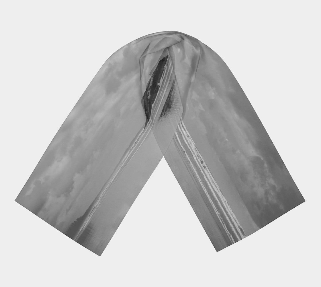 Long Beach Tofino Long Scarf  Wear as a scarf, shawl or as a head wrap.  Use for home decor as a wall hanging, also makes fabulous Wedding Party Gifts!    Artwork printed on 100% polyester lightweight fabric.    Choose from three different fabrics polychiffon, satin charmeuse and matte crepe.    Machined baby rolled edge hem finish.  Choose from 2 sizes:    10" x 45"    16" x 72" by Roxy Hurtubise Vanislegoddess.com