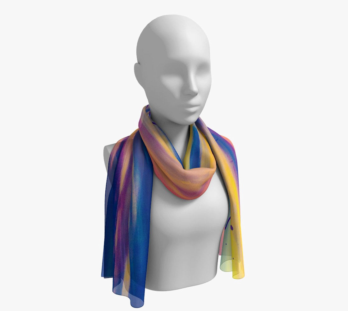 Soul Therapy Long Scarf  Wear as a scarf, shawl or as a head wrap.  Use for home decor as a wall hanging, also makes fabulous Wedding Party Gifts!    Artwork printed on 100% polyester lightweight fabric.    Choose from three different fabrics polychiffon, satin charmeuse and matte crepe.    Machined baby rolled edge hem finish.  Choose from 2 sizes:    10" x 45"    16" x 72" by Roxy Hurtubise Vanislegoddess.com