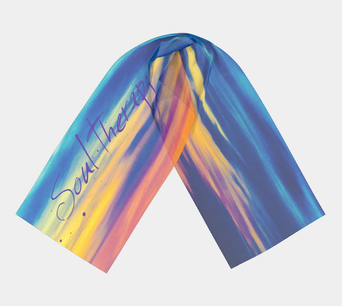 Soul Therapy Long Scarf  Wear as a scarf, shawl or as a head wrap.  Use for home decor as a wall hanging, also makes fabulous Wedding Party Gifts!    Artwork printed on 100% polyester lightweight fabric.    Choose from three different fabrics polychiffon, satin charmeuse and matte crepe.    Machined baby rolled edge hem finish.  Choose from 2 sizes:    10" x 45"    16" x 72" by Roxy Hurtubise Vanislegoddess.com