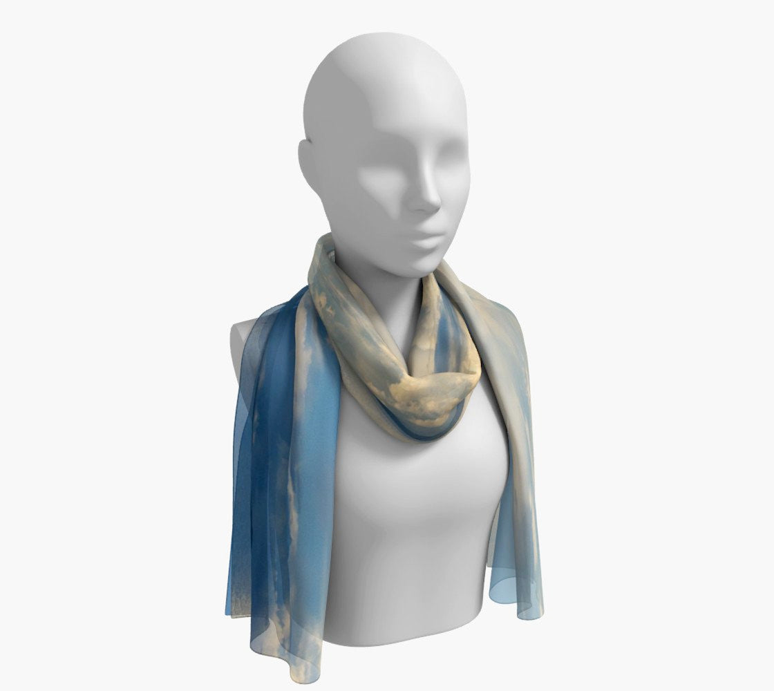 Qualicum Beach Long Scarf  Wear as a scarf, shawl or as a head wrap.  Use for home decor as a wall hanging, also makes fabulous Wedding Party Gifts!    Artwork printed on 100% polyester lightweight fabric.    Choose from three different fabrics polychiffon, satin charmeuse and matte crepe.    Machined baby rolled edge hem finish.  Choose from 2 sizes:    10" x 45"    16" x 72" by Roxy Hurtubise vanislegoddess.com
