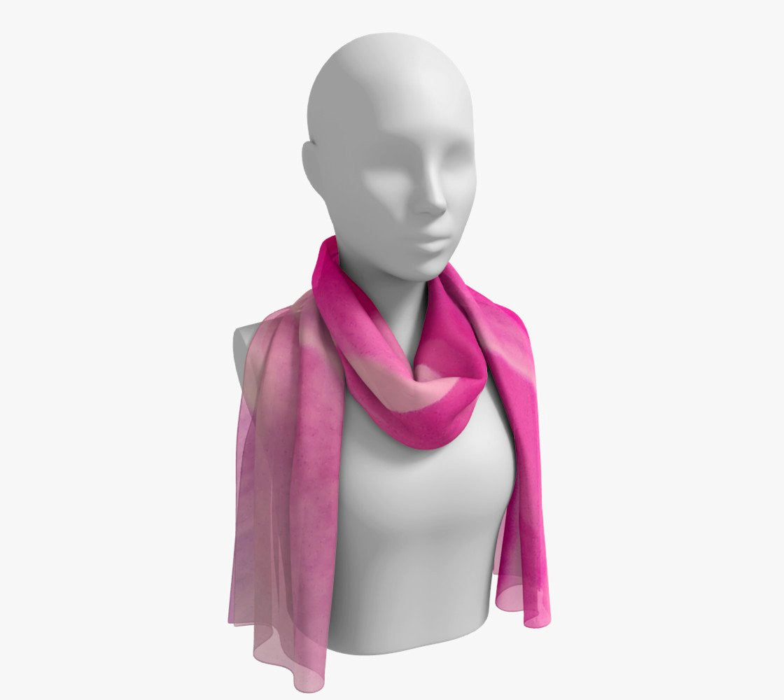 Rose Petal Kiss Long Scarf  Wear as a scarf, shawl or as a head wrap.  Use for home decor as a wall hanging, also makes fabulous Wedding Party Gifts!    Artwork printed on 100% polyester lightweight fabric.    Choose from three different fabrics polychiffon, satin charmeuse and matte crepe.    Machined baby rolled edge hem finish.  Choose from 2 sizes:    10" x 45"    16" x 72" by Roxy Hurtubise vanislegoddess.com
