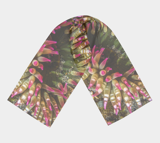Enchanted Sea Anemone Long Scarf  Wear as a scarf, shawl or as a head wrap.  Use for home decor as a wall hanging, also makes fabulous Wedding Party Gifts!    Artwork printed on 100% polyester lightweight fabric.    Choose from three different fabrics polychiffon, satin charmeuse and matte crepe.    Machined baby rolled edge hem finish.  Choose from 2 sizes:    10" x 45"    16" x 72" by vanislegoddess.com