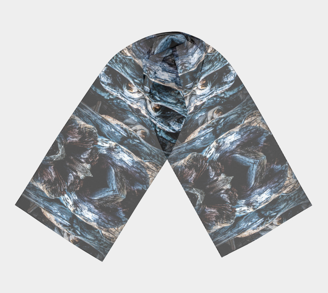 Driftwood Long Scarf  Wear as a scarf, shawl or as a head wrap.  Use for home decor as a wall hanging, also makes fabulous Wedding Party Gifts!    Artwork printed on 100% polyester lightweight fabric.    Choose from three different fabrics polychiffon, satin charmeuse and matte crepe.    Machined baby rolled edge hem finish.  Choose from 2 sizes:    10" x 45"    16" x 72" by vanislegoddess.com