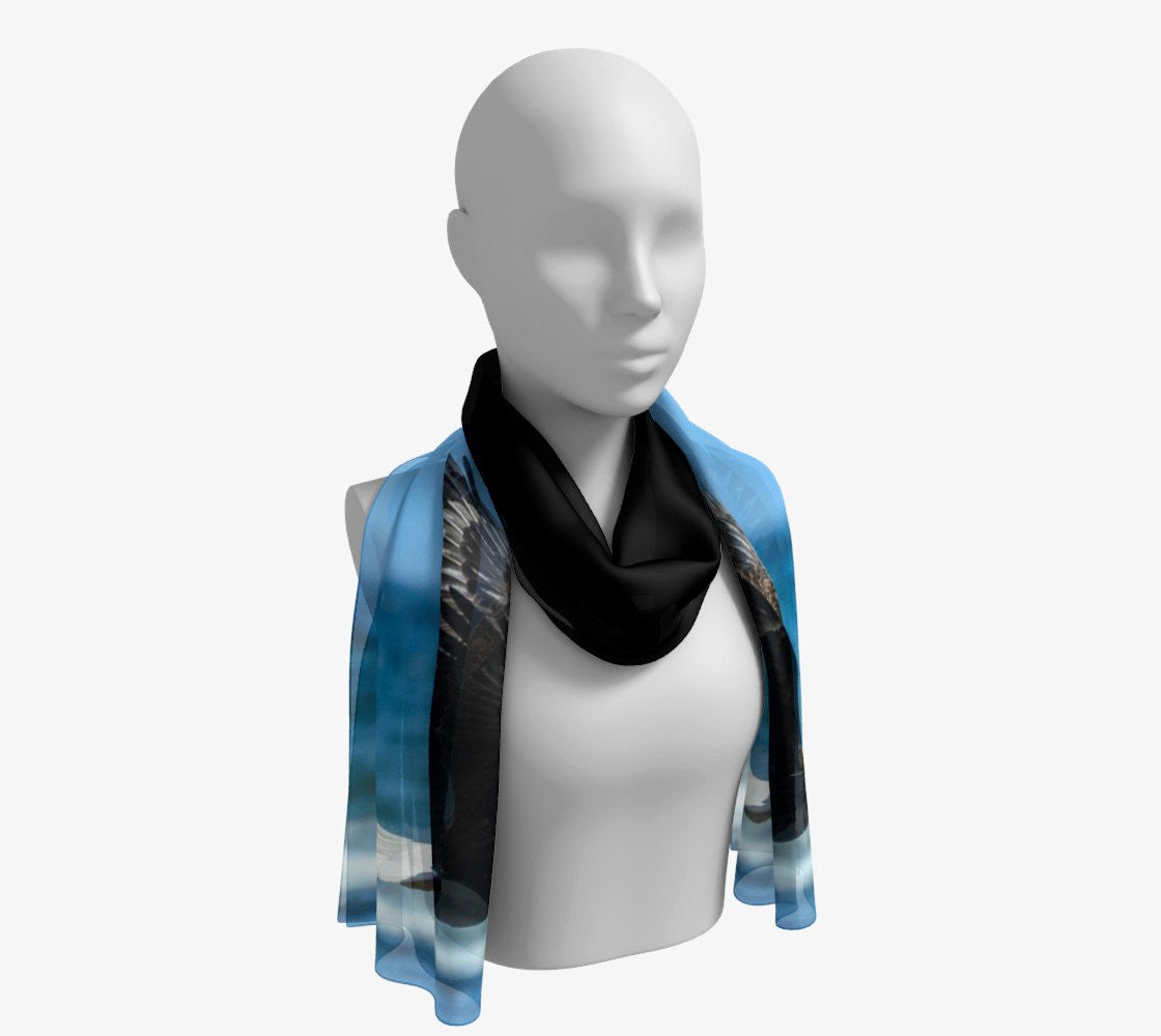 Fly Like An Eagle Long Scarf  Wear as a scarf, shawl or as a head wrap.  Use for home decor as a wall hanging, also makes fabulous Wedding Party Gifts!    Artwork printed on 100% polyester lightweight fabric.    Choose from three different fabrics polychiffon, satin charmeuse and matte crepe.    Machined baby rolled edge hem finish.  Choose from 2 sizes:    10" x 45"    16" x 72" by vanislegoddess.com