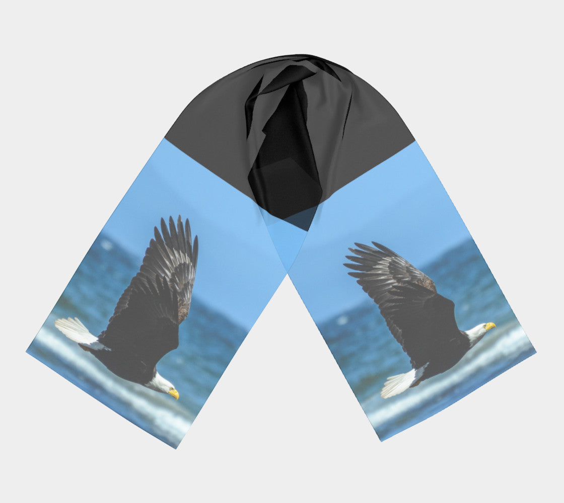 Fly Like An Eagle Long Scarf  Wear as a scarf, shawl or as a head wrap.  Use for home decor as a wall hanging, also makes fabulous Wedding Party Gifts!    Artwork printed on 100% polyester lightweight fabric.    Choose from three different fabrics polychiffon, satin charmeuse and matte crepe.    Machined baby rolled edge hem finish.  Choose from 2 sizes:    10" x 45"    16" x 72" by vanislegoddess.com