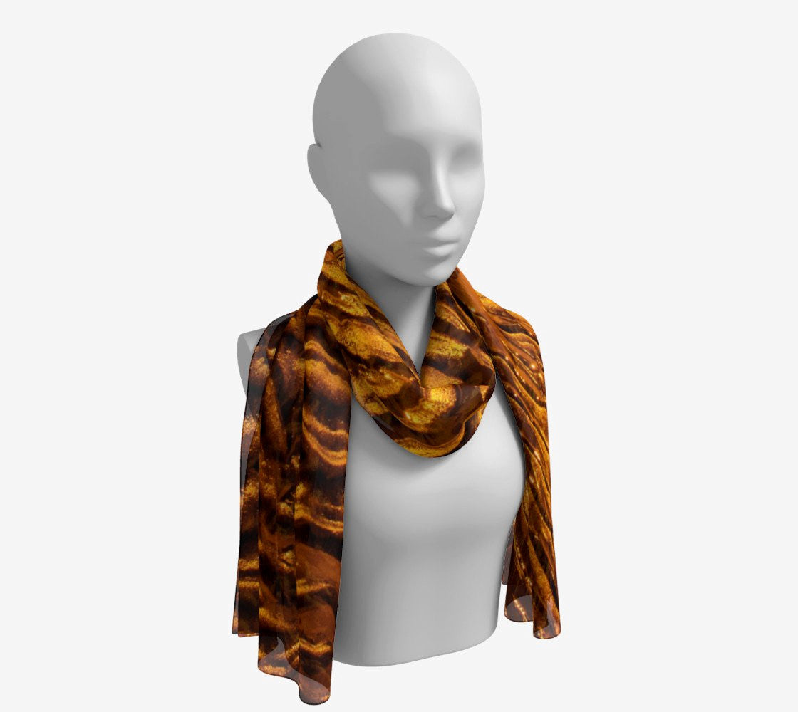 Golden Sand Long Scarf  Wear as a scarf, shawl or as a head wrap.  Use for home decor as a wall hanging, also makes fabulous Wedding Party Gifts!    Artwork printed on 100% polyester lightweight fabric.    Choose from three different fabrics polychiffon, satin charmeuse and matte crepe.    Machined baby rolled edge hem finish.  Choose from 2 sizes:    10" x 45"    16" x 72" by vanislegoddess.com