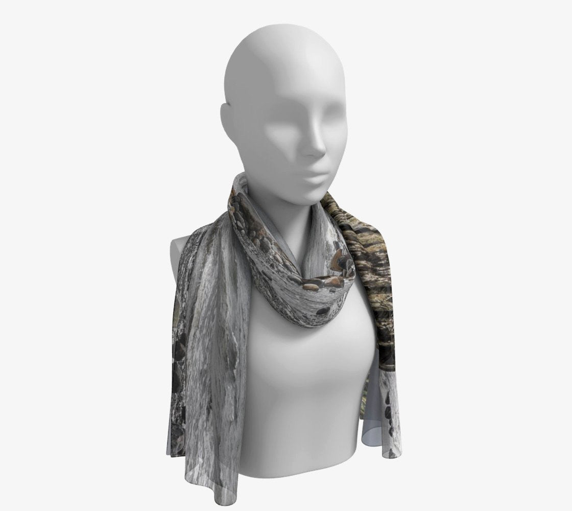 Gray Day Long Scarf  Wear as a scarf, shawl or as a head wrap.  Use for home decor as a wall hanging, also makes fabulous Wedding Party Gifts!    Artwork printed on 100% polyester lightweight fabric.    Choose from three different fabrics polychiffon, satin charmeuse and matte crepe.    Machined baby rolled edge hem finish.  Choose from 2 sizes:    10" x 45"    16" x 72" by vanislegoddess.com
