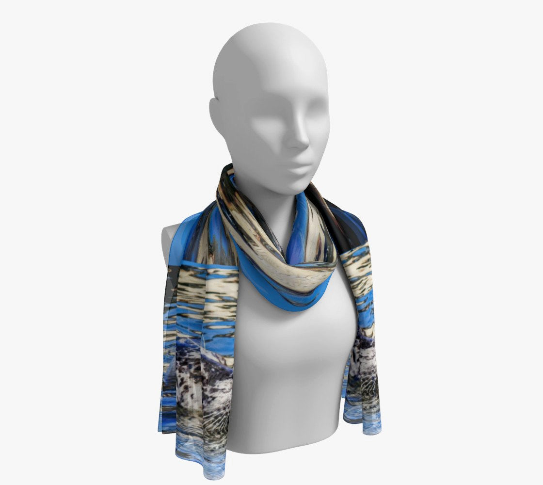 Seal Of Blue Long Scarf  Wear as a scarf, shawl or as a head wrap.  Use for home decor as a wall hanging, also makes fabulous Wedding Party Gifts!    Artwork printed on 100% polyester lightweight fabric.    Choose from three different fabrics polychiffon, satin charmeuse and matte crepe.    Machined baby rolled edge hem finish.  Choose from 2 sizes:    10" x 45"    16" x 72" by Roxy Hurtubise vanislegoddess.com