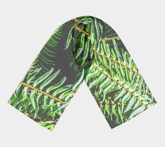 Rainforest Long Scarf  Wear as a scarf, shawl or as a head wrap.  Use for home decor as a wall hanging, also makes fabulous Wedding Party Gifts!    Artwork printed on 100% polyester lightweight fabric.    Choose from three different fabrics polychiffon, satin charmeuse and matte crepe.    Machined baby rolled edge hem finish.  Choose from 2 sizes:    10" x 45"    16" x 72" by Roxy Hurtubise vanislegoddess.com