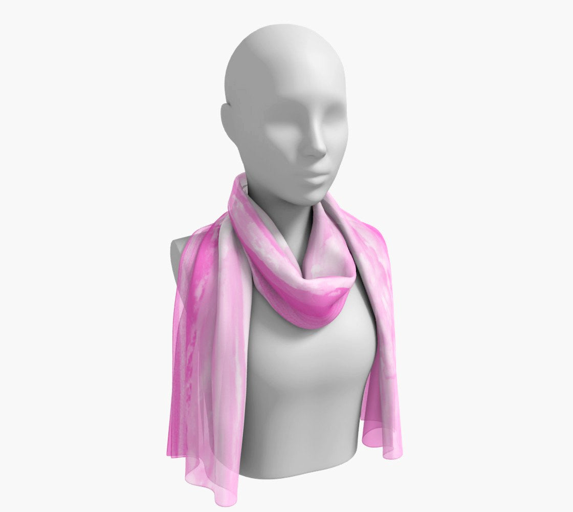 Parksville Beach in Pink Long Scarf  Wear as a scarf, shawl or as a head wrap.  Use for home decor as a wall hanging, also makes fabulous Wedding Party Gifts!    Artwork printed on 100% polyester lightweight fabric.    Choose from three different fabrics polychiffon, satin charmeuse and matte crepe.    Machined baby rolled edge hem finish.  Choose from 2 sizes:    10" x 45"    16" x 72" by Roxy Hurtubise vanislegoddess.com