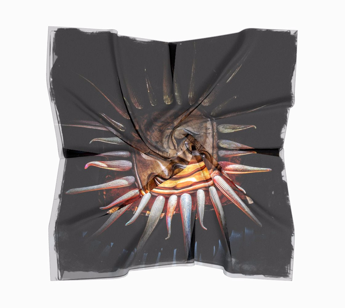 Sun Mask Square Scarf  Wear as a scarf or a shawl, use for home decor as a wall hanging, also makes a fabulous Wedding Party Gifts!    Artwork printed on 100% polyester lightweight fabric.  Choose from three different fabrics polychiffon, satin charmeuse and matte crepe.  Machined baby rolled edge hem finish.  Choose from 3 sizes:    16" x 16"  Perfect size for Men's Pocket Square  26" x 26"  36" x 36" by vanislegoddess.com