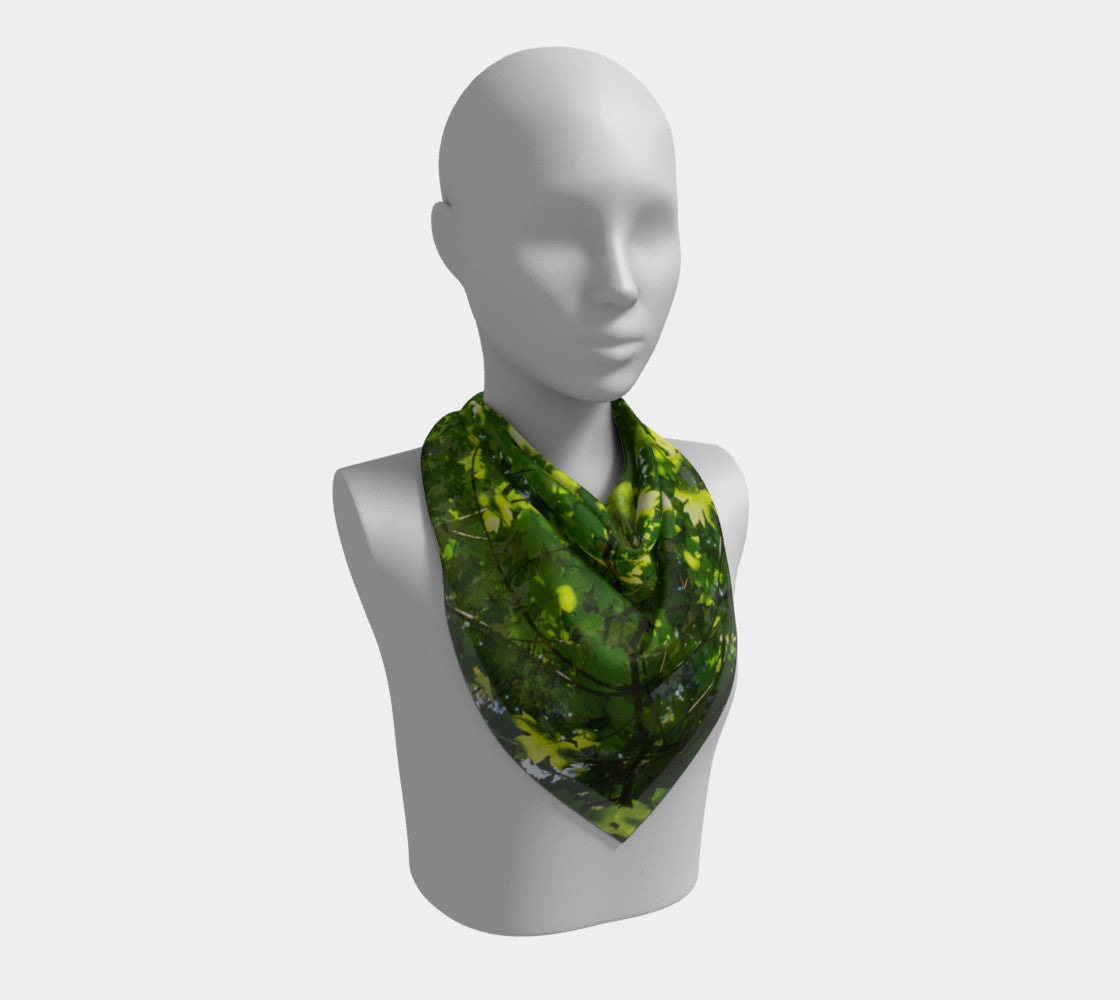 26" Canopy of Leaves Square Scarf  Wear as a scarf or a shawl, use for home decor as a wall hanging, also makes a fabulous Wedding Party Gifts!    Artwork printed on 100% polyester lightweight fabric.  Choose from three different fabrics polychiffon, satin charmeuse and matte crepe.  Machined baby rolled edge hem finish.  Choose from 3 sizes:    16" x 16"  Perfect size for Men's Pocket Square  26" x 26"  36" x 36" by VanIsleGoddess.Com