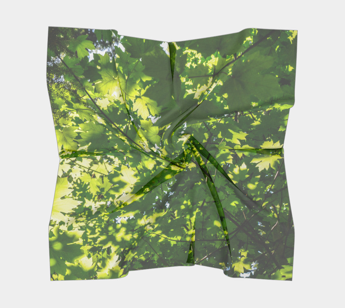 Canopy of Leaves Square Scarf  Wear as a scarf or a shawl, use for home decor as a wall hanging, also makes a fabulous Wedding Party Gifts!    Artwork printed on 100% polyester lightweight fabric.  Choose from three different fabrics polychiffon, satin charmeuse and matte crepe.  Machined baby rolled edge hem finish.  Choose from 3 sizes:    16" x 16"  Perfect size for Men's Pocket Square  26" x 26"  36" x 36" by VanIsleGoddess.Com