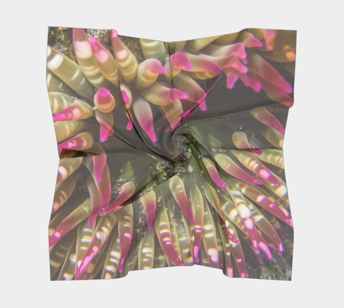Enchanted Sea Anemone Square Scarf  Wear as a scarf or a shawl, use for home decor as a wall hanging, also makes a fabulous Wedding Party Gifts!    Artwork printed on 100% polyester lightweight fabric.  Choose from three different fabrics polychiffon, satin charmeuse and matte crepe.  Machined baby rolled edge hem finish.  Choose from 3 sizes:    16" x 16"  Perfect size for Men's Pocket Square  26" x 26"  36" x 36" by VanIsleGoddess.Com
