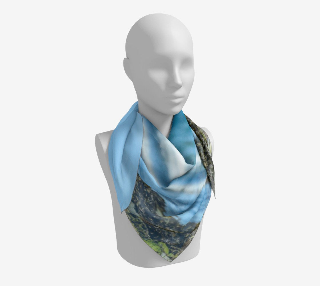 36" Fly Like An Eagle Square Scarf  worn around the neck.