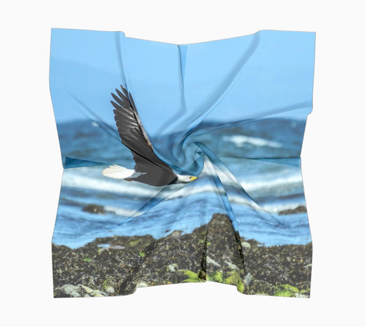 Fly Like An Eagle Square Scarf  Wear as a scarf or a shawl, use for home decor as a wall hanging, also makes a fabulous Wedding Party Gifts!    Artwork printed on 100% polyester lightweight fabric.  Choose from three different fabrics polychiffon, satin charmeuse and matte crepe.  Machined baby rolled edge hem finish.  Choose from 3 sizes:    16" x 16"  Perfect size for Men's Pocket Square  26" x 26"  36" x 36" by Vanislegoddess.com