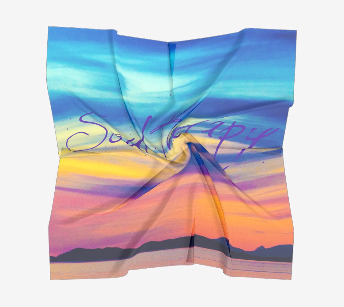 Soul Therapy Square Scarf  Wear as a scarf or a shawl, use for home decor as a wall hanging, also makes a fabulous Wedding Party Gifts!    Artwork printed on 100% polyester lightweight fabric.  Choose from three different fabrics polychiffon, satin charmeuse and matte crepe.  Machined baby rolled edge hem finish.  Choose from 3 sizes:    16" x 16"  Perfect size for Men's Pocket Square  26" x 26"  36" x 36" by vanislegoddess.com