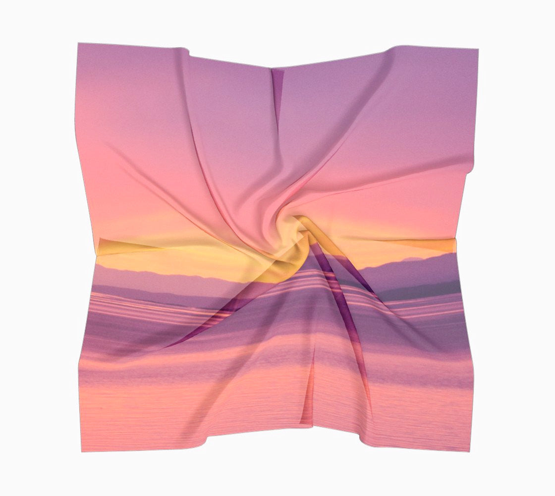 Vancouver Island Sunset Square Scarf  Wear as a scarf or a shawl, use for home decor as a wall hanging, also makes a fabulous Wedding Party Gifts!    Artwork printed on 100% polyester lightweight fabric.  Choose from three different fabrics polychiffon, satin charmeuse and matte crepe.  Machined baby rolled edge hem finish.  Choose from 3 sizes:    16" x 16"  Perfect size for Men's Pocket Square  26" x 26"  36" x 36" by vanislegoddess.com