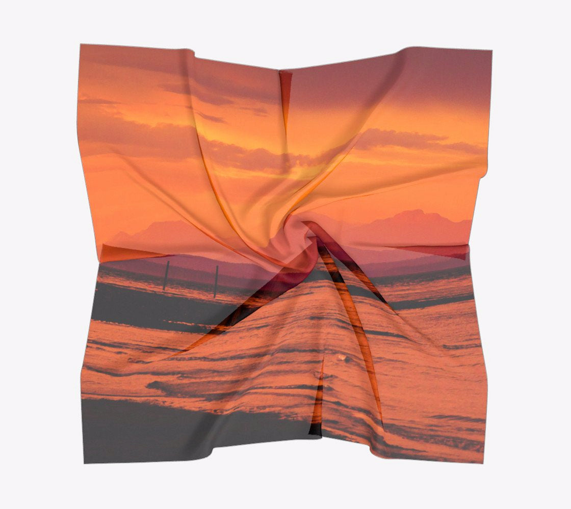 Saratoga Sunset Square Scarf  Wear as a scarf or a shawl, use for home decor as a wall hanging, also makes a fabulous Wedding Party Gifts!    Artwork printed on 100% polyester lightweight fabric.  Choose from three different fabrics polychiffon, satin charmeuse and matte crepe.  Machined baby rolled edge hem finish.  Choose from 3 sizes:    16" x 16"  Perfect size for Men's Pocket Square  26" x 26"  36" x 36" by vanislegoddess.com
