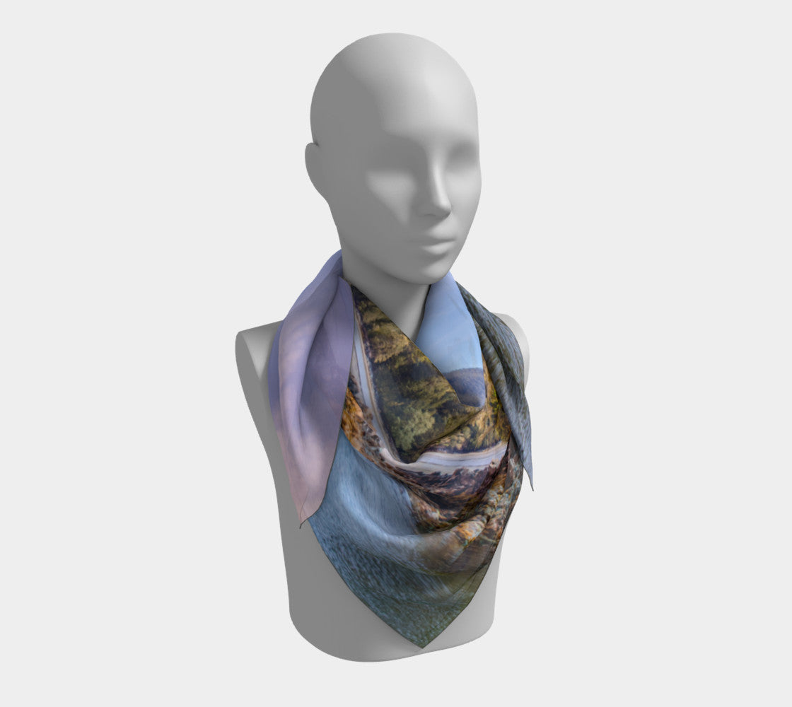 Tofino Inlet 36 inch Square Scarf Worn around the neck by vanislegoddess.com