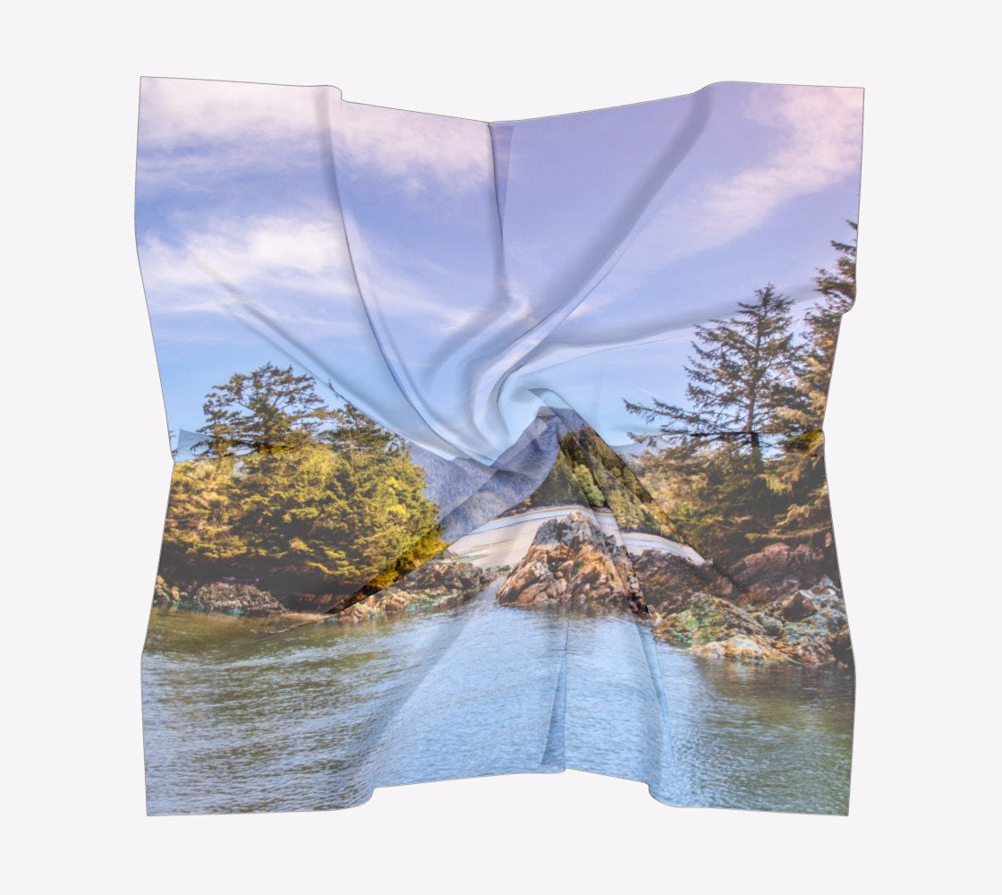 Tofino Inlet Square Scarf  Wear as a scarf or a shawl, use for home decor as a wall hanging, also makes a fabulous Wedding Party Gifts!    Artwork printed on 100% polyester lightweight fabric.  Choose from three different fabrics polychiffon, satin charmeuse and matte crepe.  Machined baby rolled edge hem finish.  Choose from 3 sizes:    16" x 16"  Perfect size for Men's Pocket Square  26" x 26"  36" x 36" by vanislegoddess.com