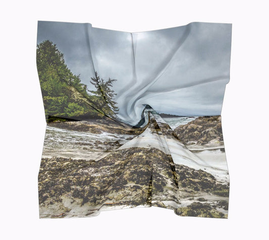 McKenzie Beach Square Scarf  Wear as a scarf or a shawl, use for home decor as a wall hanging, also makes a fabulous Wedding Party Gifts!    Artwork printed on 100% polyester lightweight fabric.  Choose from three different fabrics polychiffon, satin charmeuse and matte crepe.  Machined baby rolled edge hem finish.  Choose from 3 sizes:    16" x 16"  Perfect size for Men's Pocket Square  26" x 26"  36" x 36" by VanIsleGoddess.com
