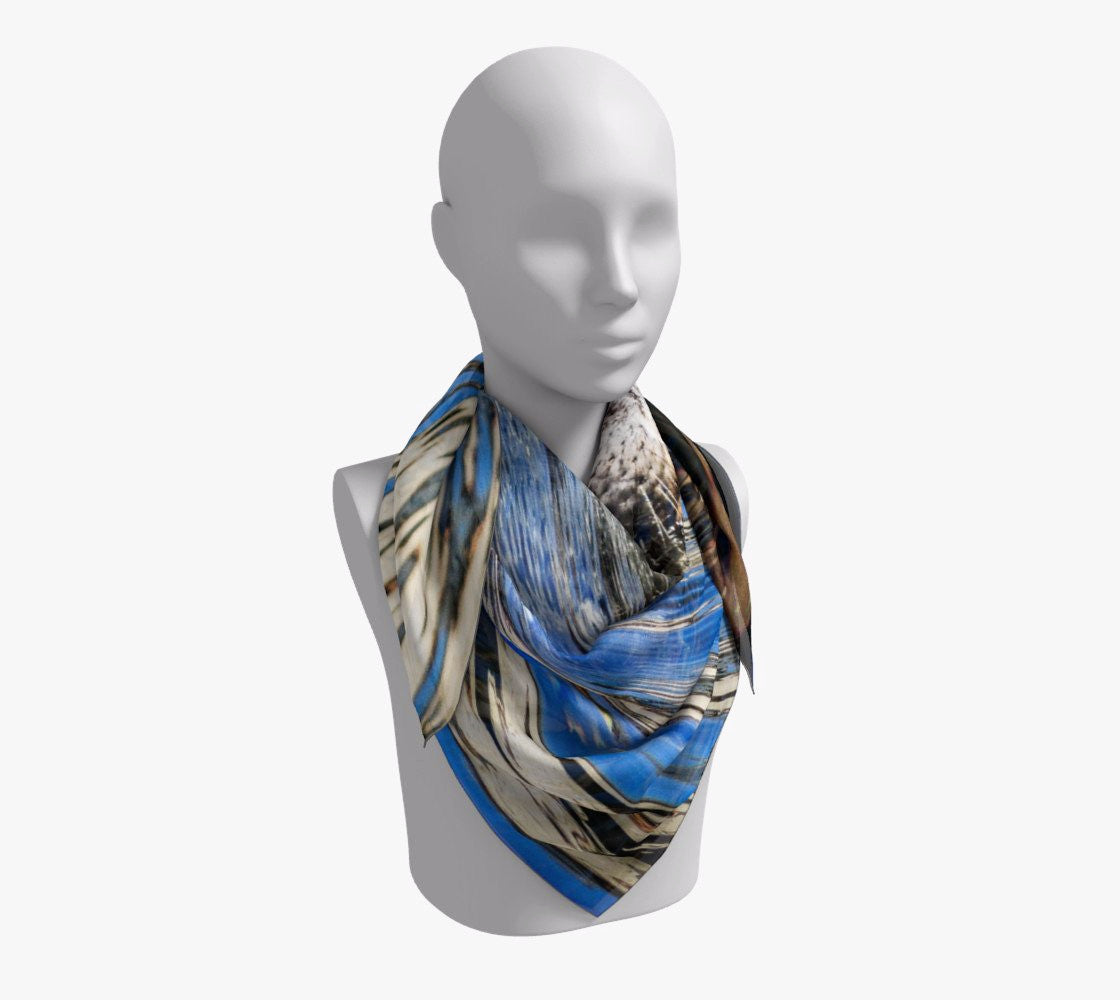 Seal of Blue 36 inch Square Scarf Worn around the neck by vanislegoddess.com