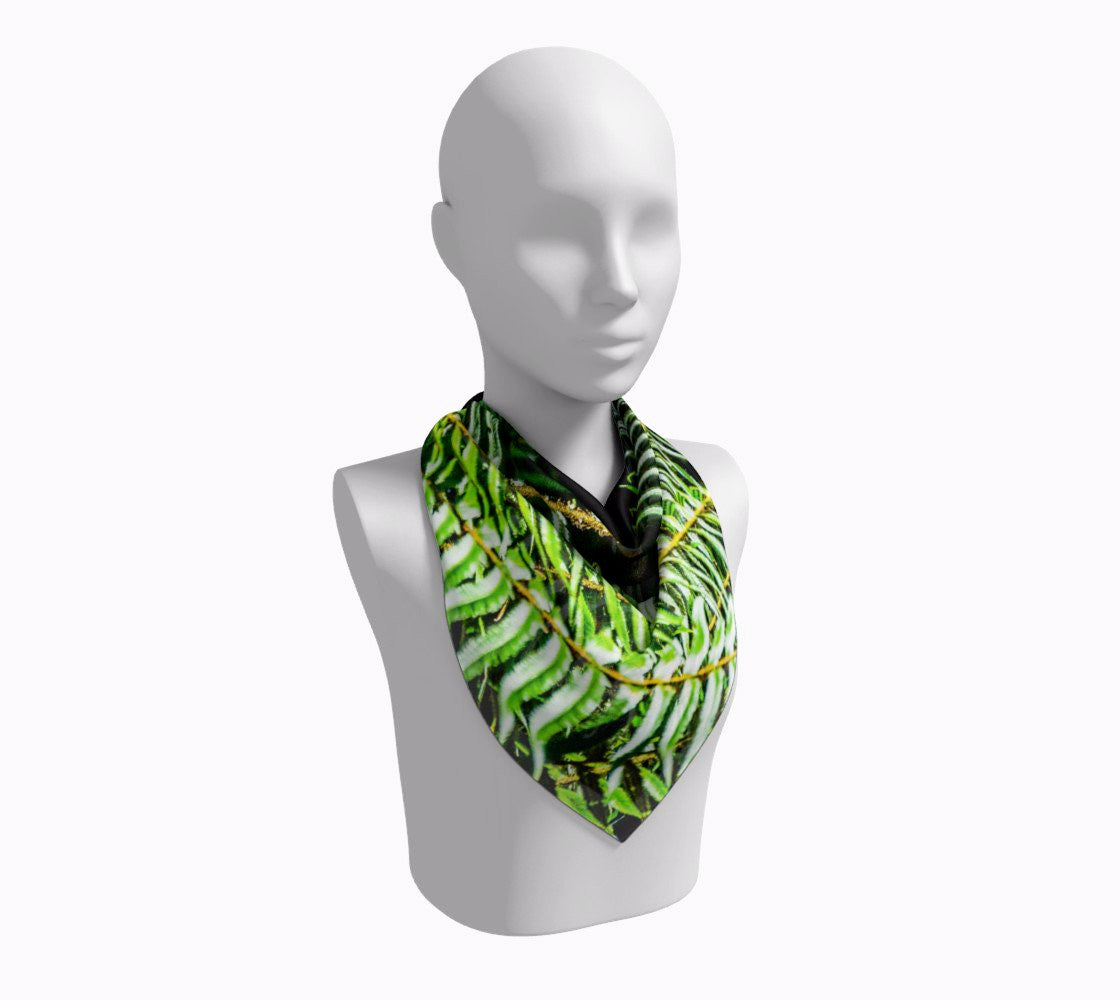 Rainforest Square Scarf  Wear as a scarf or a shawl, use for home decor as a wall hanging, also makes a fabulous Wedding Party Gifts!    Artwork printed on 100% polyester lightweight fabric.  Choose from three different fabrics polychiffon, satin charmeuse and matte crepe.  Machined baby rolled edge hem finish.  Choose from 3 sizes:    16" x 16"  Perfect size for Men's Pocket Square  26" x 26"  36" x 36" by vanislegoddess.com