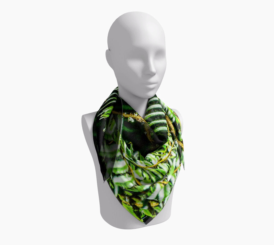 Rainforest Square Scarf  Wear as a scarf or a shawl, use for home decor as a wall hanging, also makes a fabulous Wedding Party Gifts!    Artwork printed on 100% polyester lightweight fabric.  Choose from three different fabrics polychiffon, satin charmeuse and matte crepe.  Machined baby rolled edge hem finish.  Choose from 3 sizes:    16" x 16"  Perfect size for Men's Pocket Square  26" x 26"  36" x 36" by vanislegoddess.com